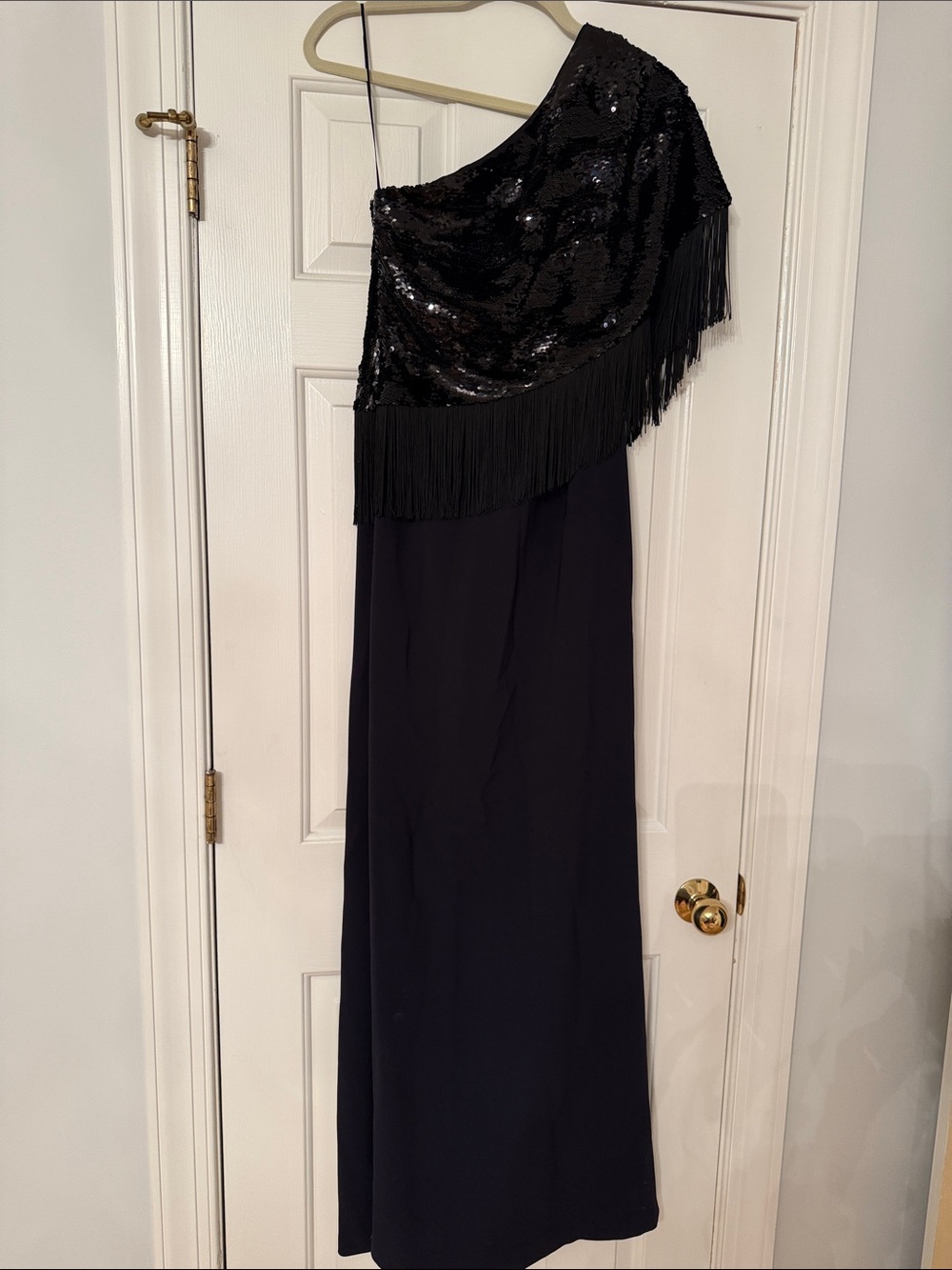 Sachin + Babi Black & Navy One-Shoulder Sequin Fringe Evening Gown. NWOT